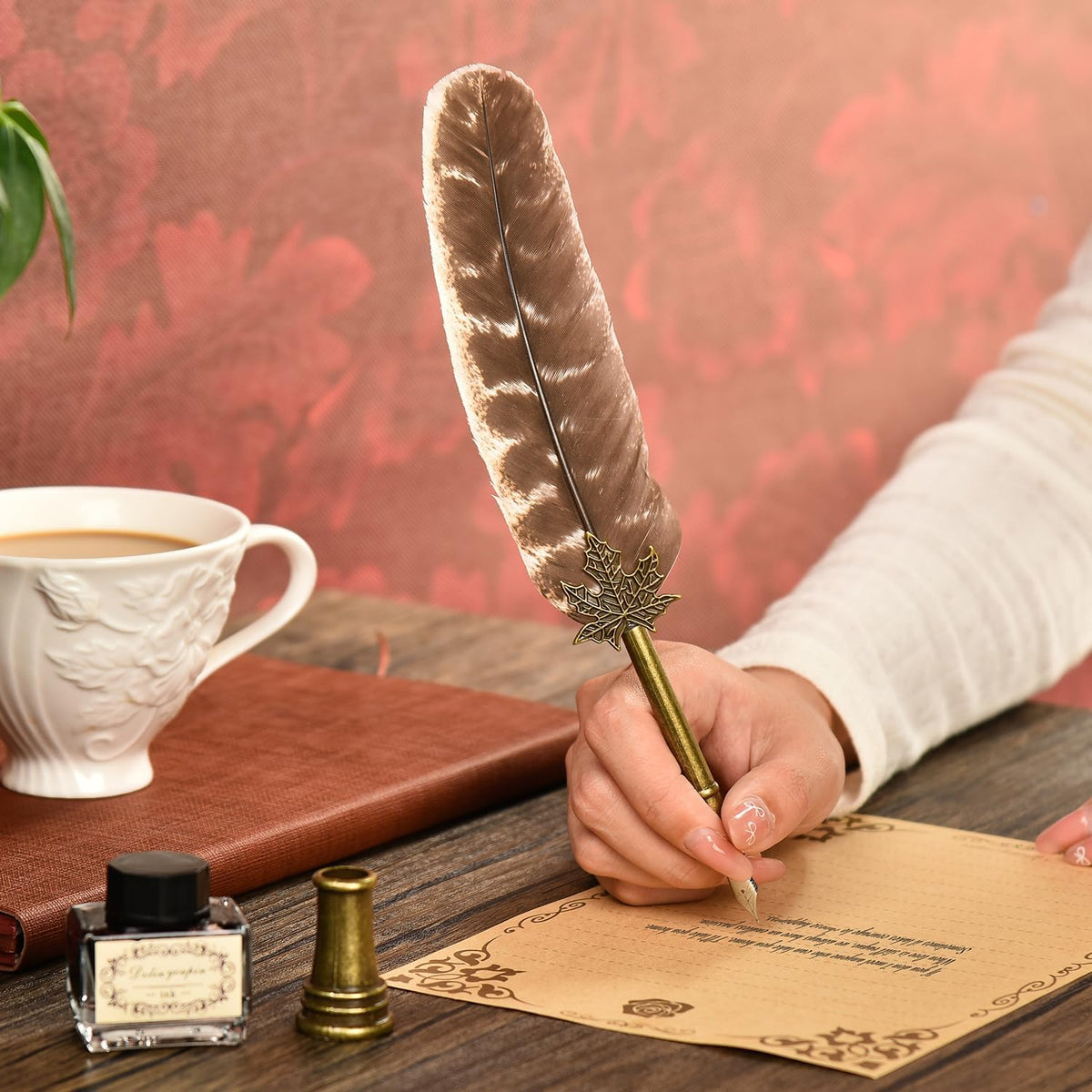 Hethrone Calligraphy Quill Pen Feather Pen and Ink Set,Brown