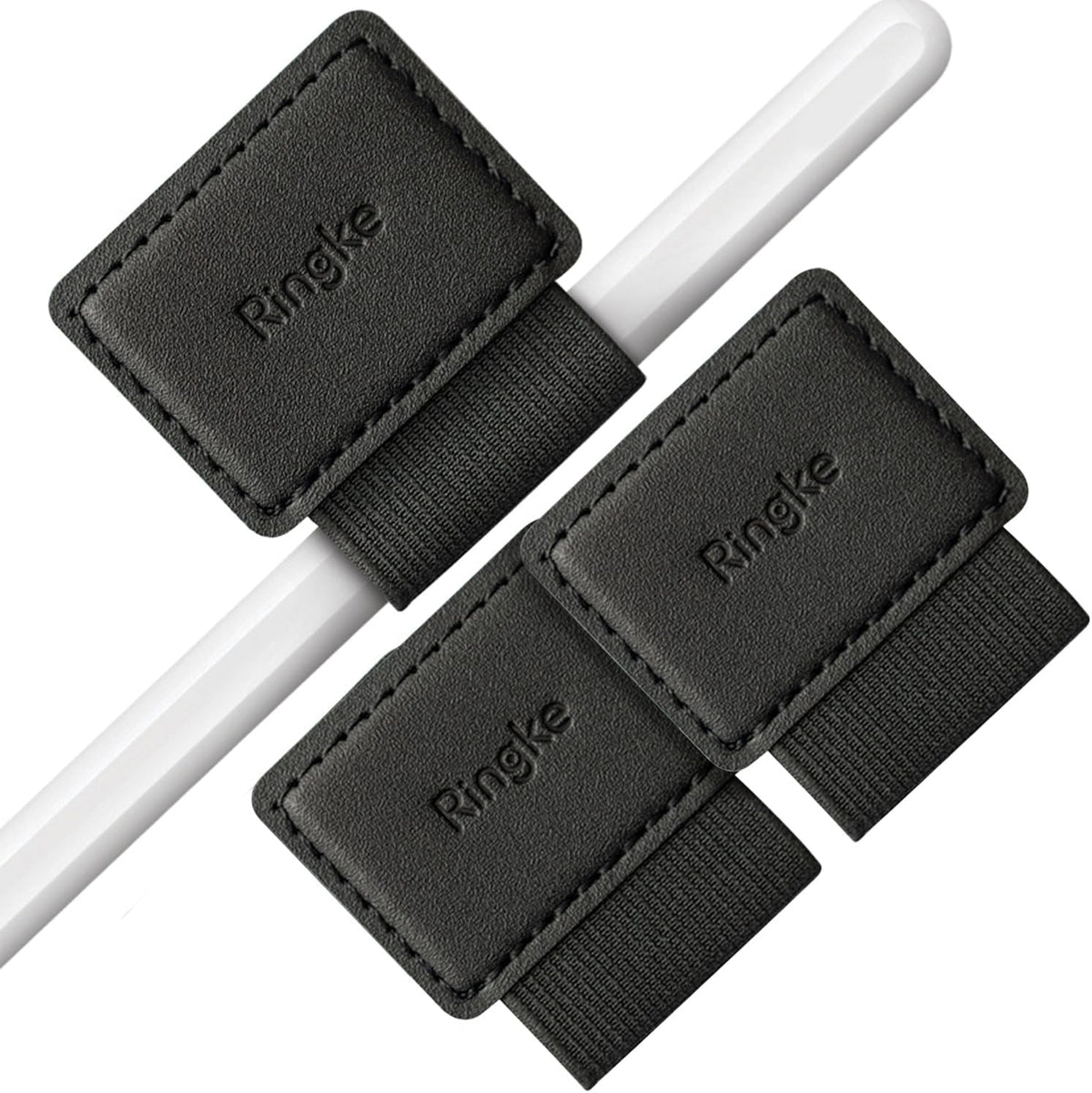 Ringke Pen Holder for Apple Pencil, Journal, Notebooks, and More - 3M Self Adhesive PU Leather Durable Pen Loop with Elastic (3 PACK) - Black