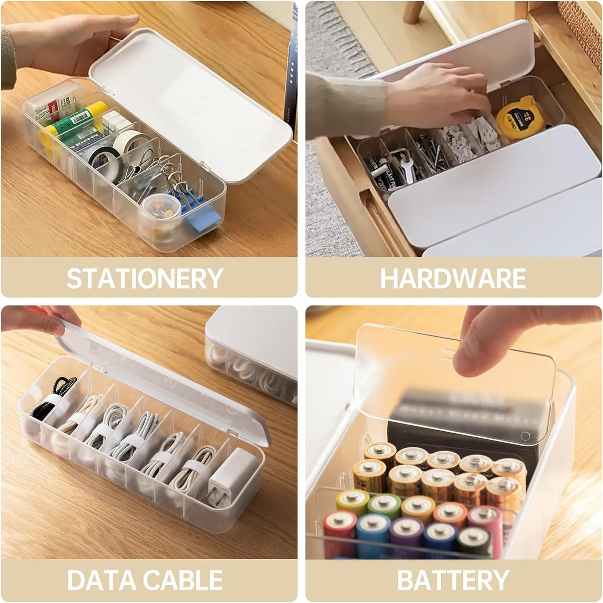 PAVSTINE 2 Pcs Cable Organizer Storage Box with Lid, 14 Wire Ties, White