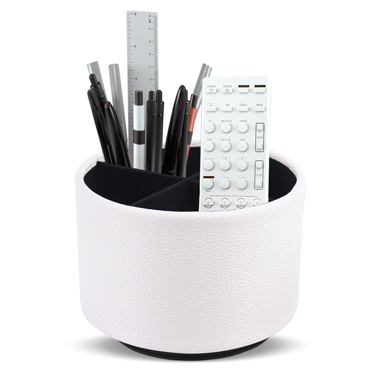 Round Leather Art Supply Organizer,Remote Control Holder,360 Degree Rotating,Multi-Functional Pencil Holder,4 Compartments Desktop Stationary Organizer(1-Fractal Flower)