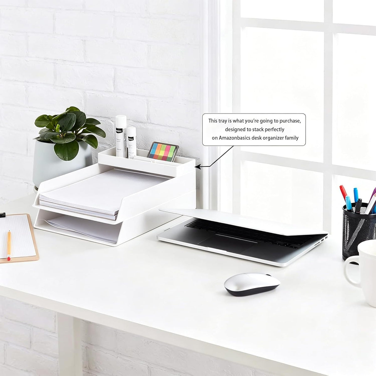 Amazon Basics Rectangular Plastic Desk Organizer, Half Accessory Tray for Office Supplies and Workspace Organization, 9.4" x 3.3" x 1", White