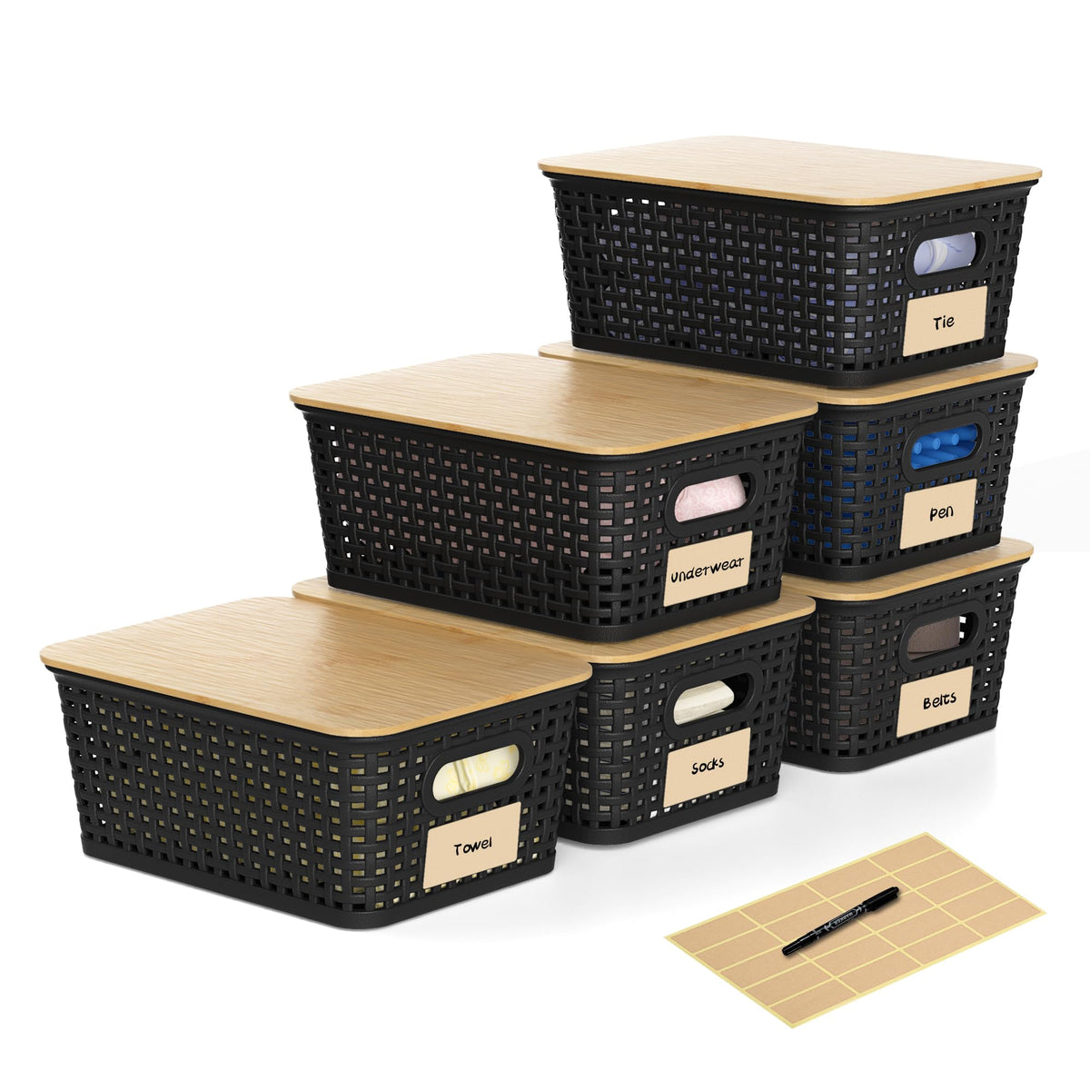 6 Pack Plastic Storage Baskets,White bamboo lid storage Box