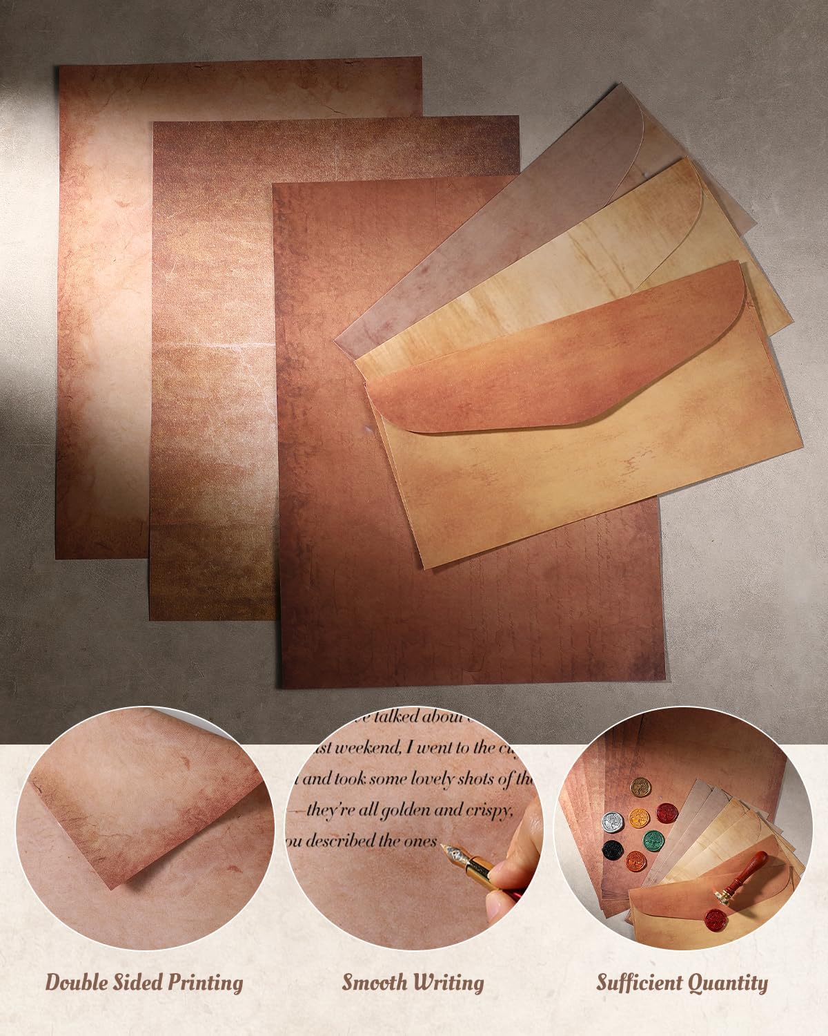 42Pcs Vintage Paper and Envelopes Set, 15 Stationary Letter and Envelopes, 8 Wax Seal Sticks, Wax Spoon, Life Tree Stamp and 2 Tea Candles for Xmas Wedding Party Invitation Love Letter