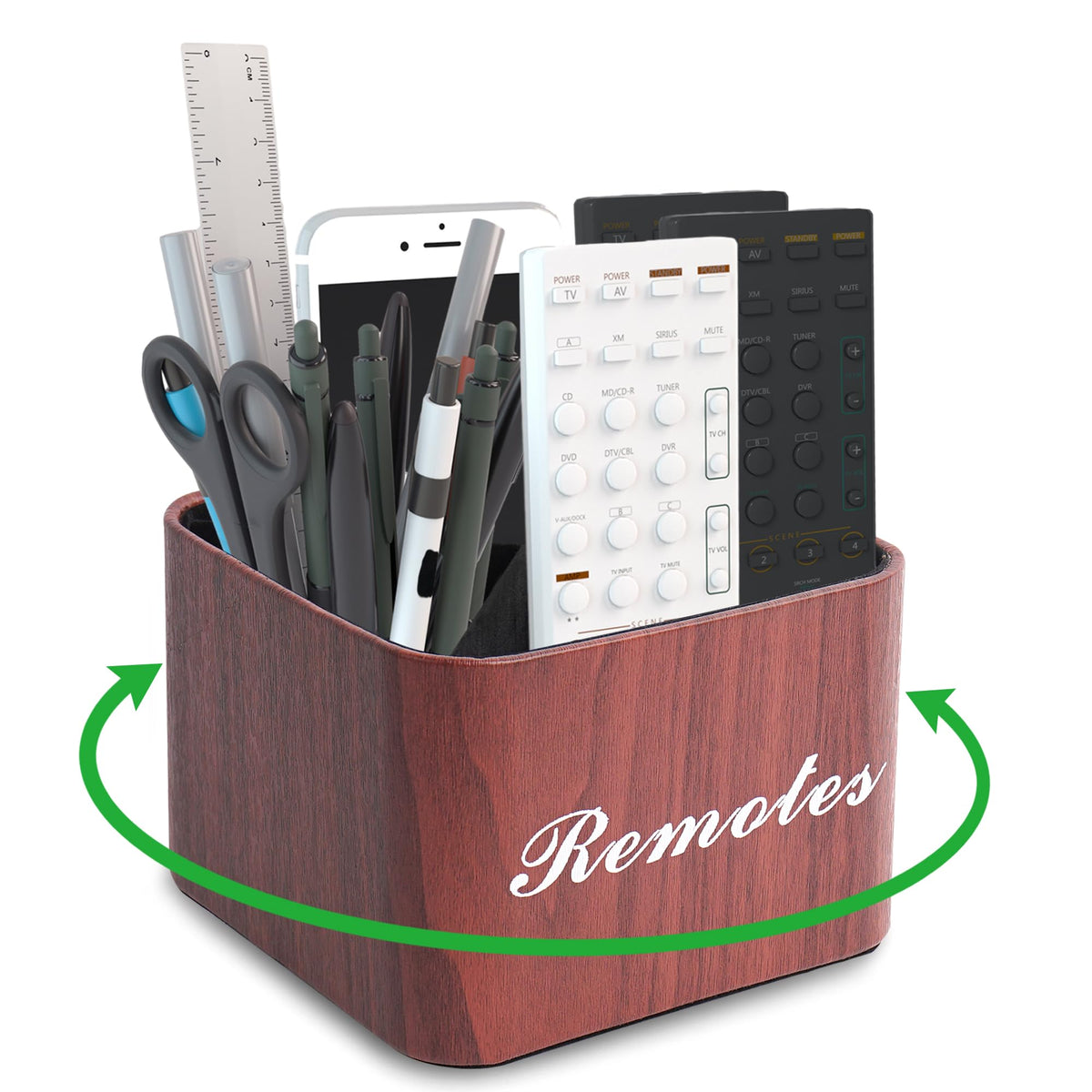 Round Leather Art Supply Organizer,Remote Control Holder,360 Degree Rotating,Multi-Functional Pencil Holder,4 Compartments Desktop Stationary Organizer(1-Fractal Flower)