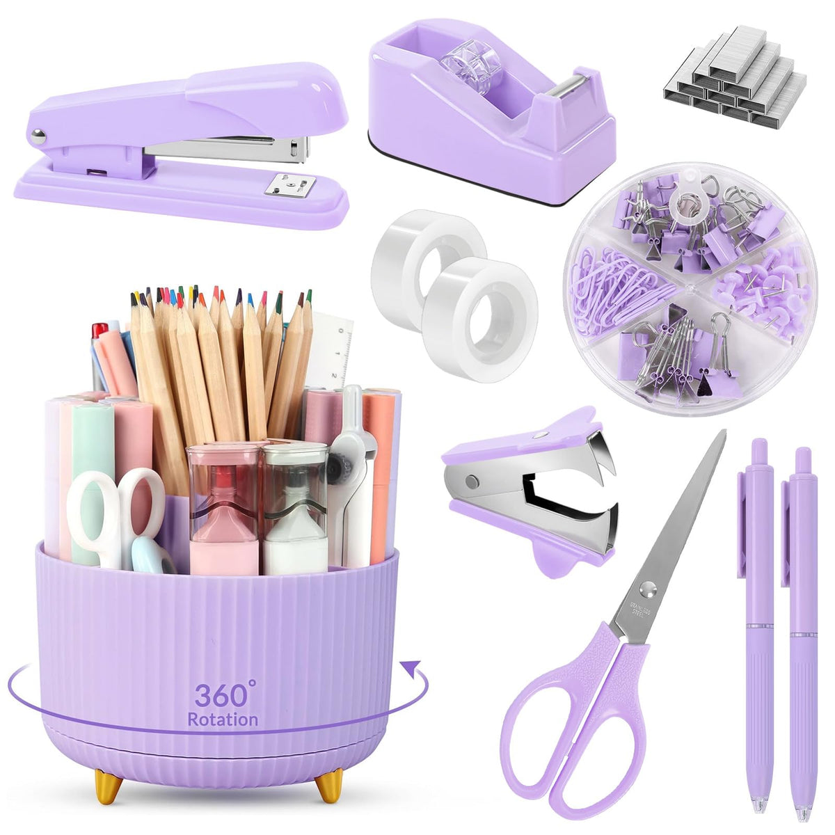 SKYDUE Pink Desk Accessories 11Pcs with Rotating Pen Holder for Desk