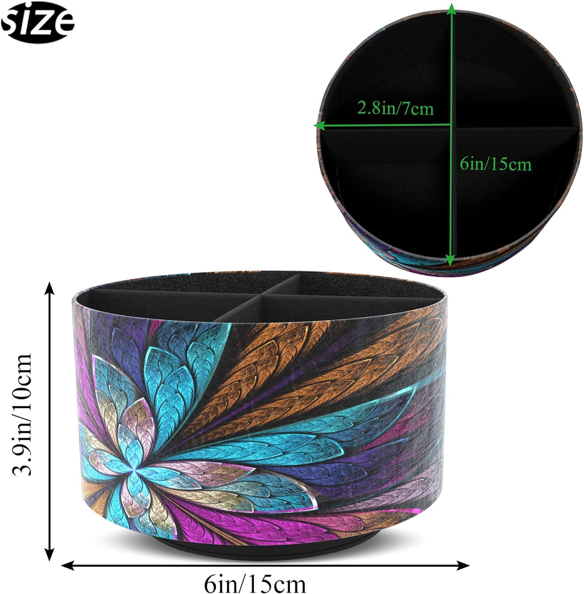 Round Leather Art Supply Organizer,Remote Control Holder,360 Degree Rotating,Multi-Functional Pencil Holder,4 Compartments Desktop Stationary Organizer(1-Fractal Flower)