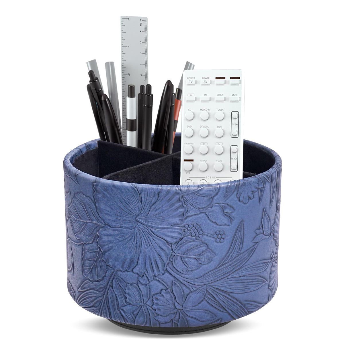 Round Leather Art Supply Organizer,Remote Control Holder,360 Degree Rotating,Multi-Functional Pencil Holder,4 Compartments Desktop Stationary Organizer(1-Fractal Flower)