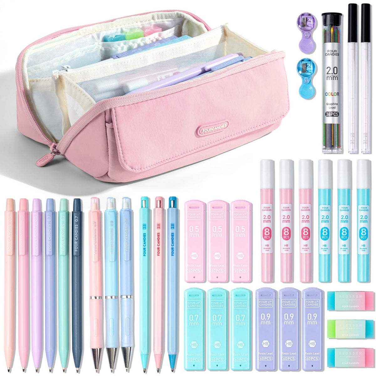 Four Candies 36PCS Mechanical Pencil Set with 624 Lead Refills (Pink)