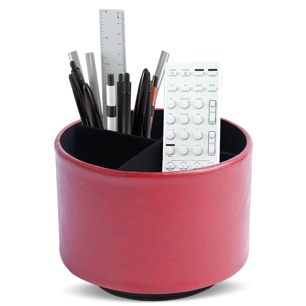 Round Leather Art Supply Organizer,Remote Control Holder,360 Degree Rotating,Multi-Functional Pencil Holder,4 Compartments Desktop Stationary Organizer(1-Fractal Flower)