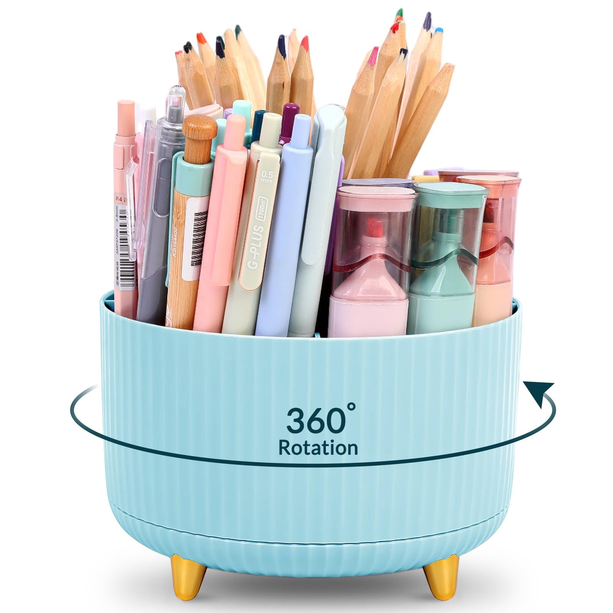 KONVINIT Pencil Pen Holder for Desk, 5 Slots 360 - Degree Rotating Desktop Organizer, Cute Desk Organizers and Accessories for School, Home, Office and Art Supply, Black