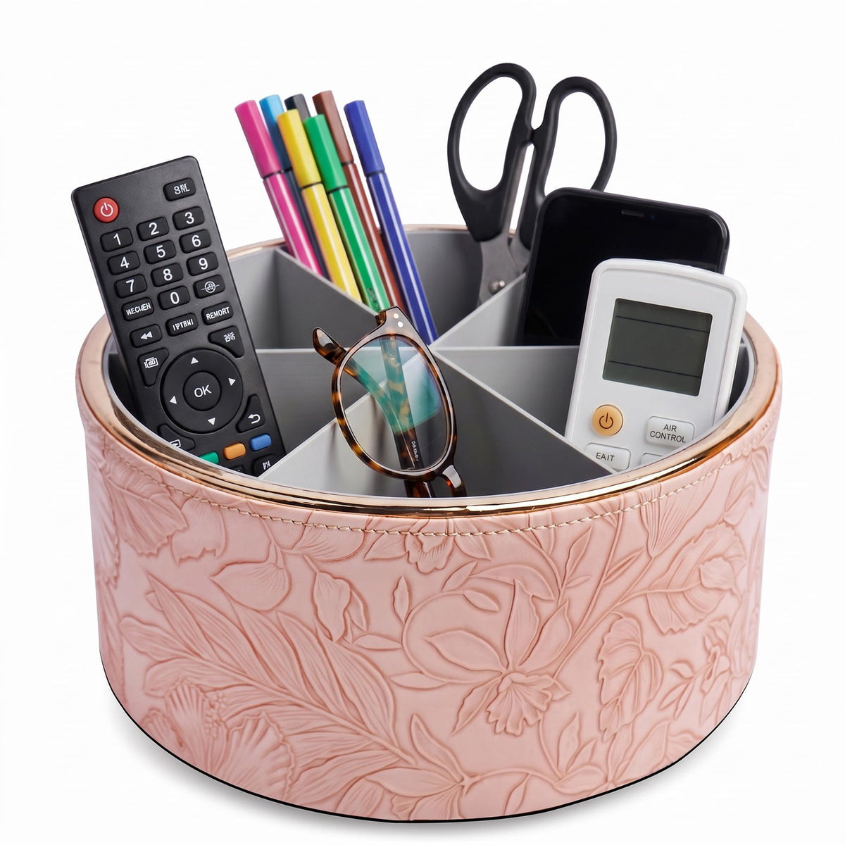 Round Leather Art Supply Organizer,Remote Control Holder,360 Degree Rotating,Multi-Functional Pencil Holder,4 Compartments Desktop Stationary Organizer(1-Fractal Flower)