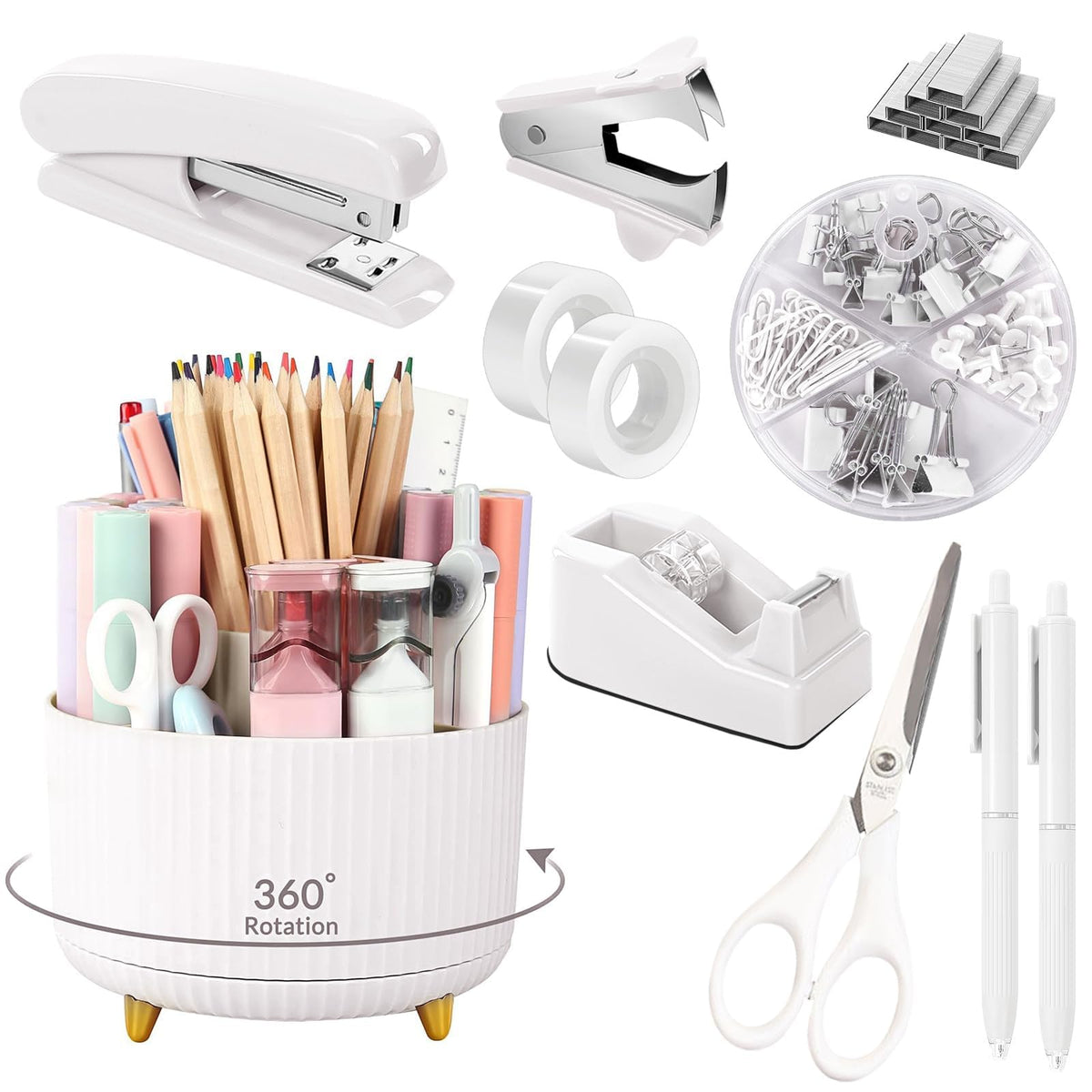 SKYDUE Pink Desk Accessories 11Pcs with Rotating Pen Holder for Desk