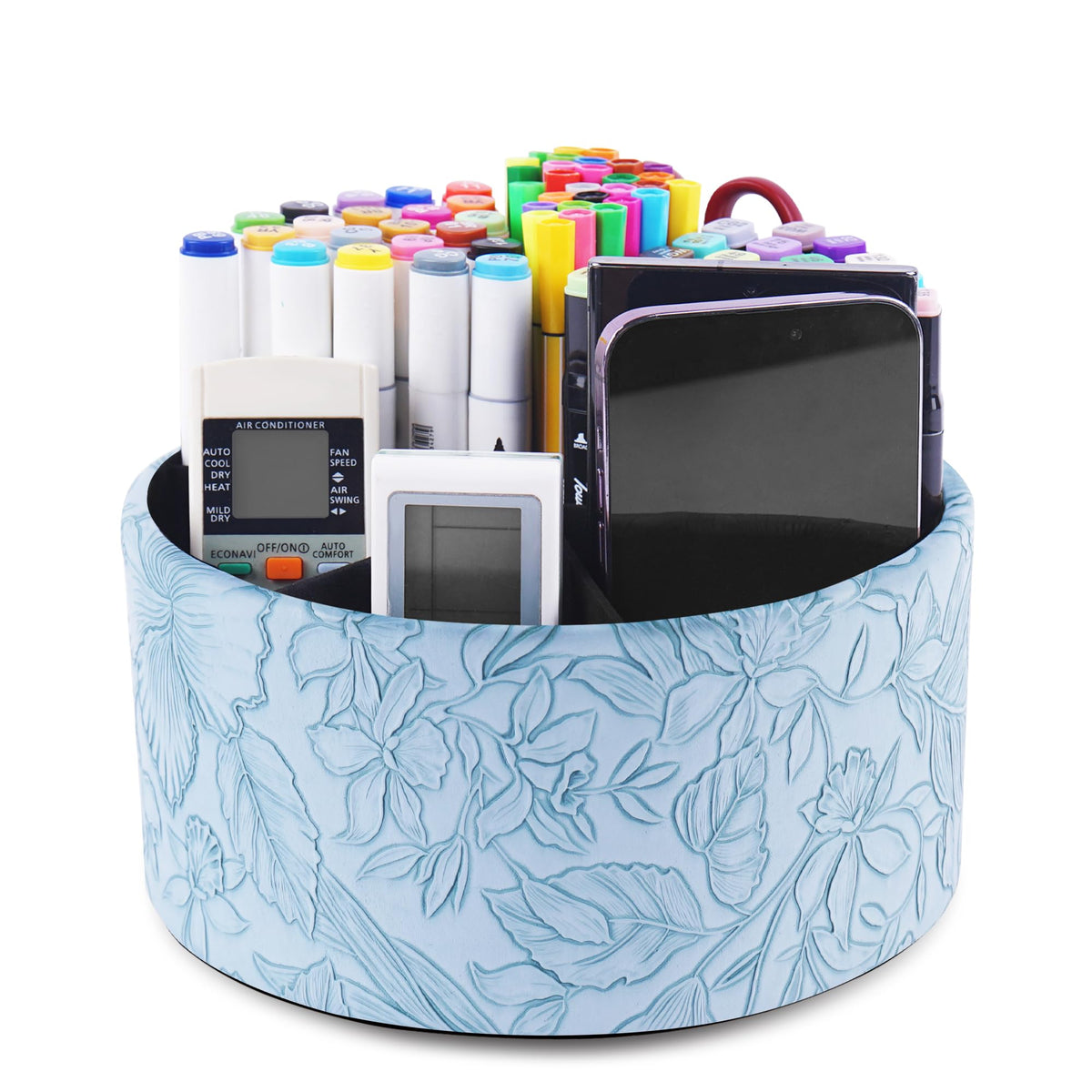Round Leather Art Supply Organizer,Remote Control Holder,360 Degree Rotating,Multi-Functional Pencil Holder,4 Compartments Desktop Stationary Organizer(1-Fractal Flower)