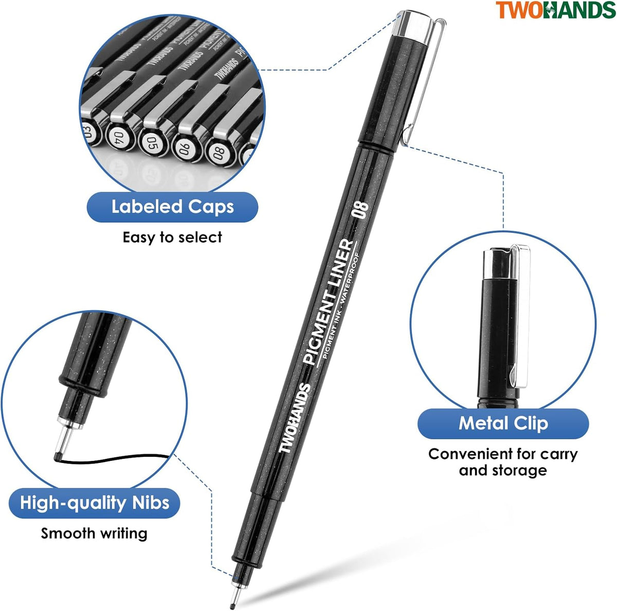 TWOHANDS Art Pen Drawing Marker Pens Fineliners, Set of 16, Black