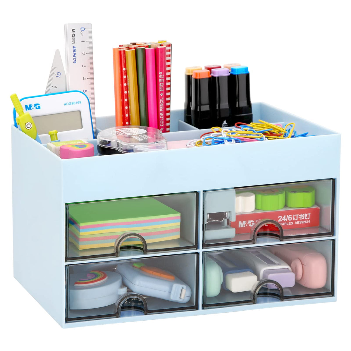 LETURE Office Desktop Organizer with Drawer, Desk Top Accessories Stationary Organizer Desk Caddy, Pen/Pencil/Business Card/Sticky Note Tray/Paperclip Holder Storage Box (Pink)