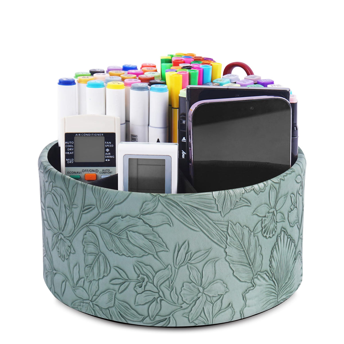 Round Leather Art Supply Organizer,Remote Control Holder,360 Degree Rotating,Multi-Functional Pencil Holder,4 Compartments Desktop Stationary Organizer(1-Fractal Flower)