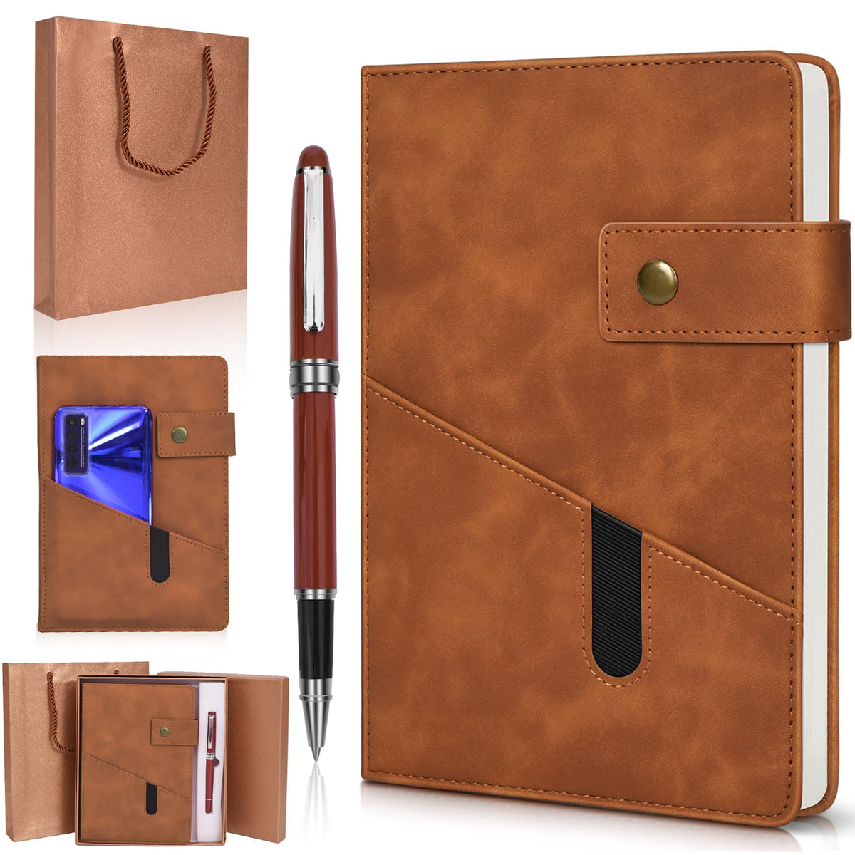 A5 Lined Notebook 5.9"x8.4", Leather Journal with Pen & Gift Box, 200 Pages