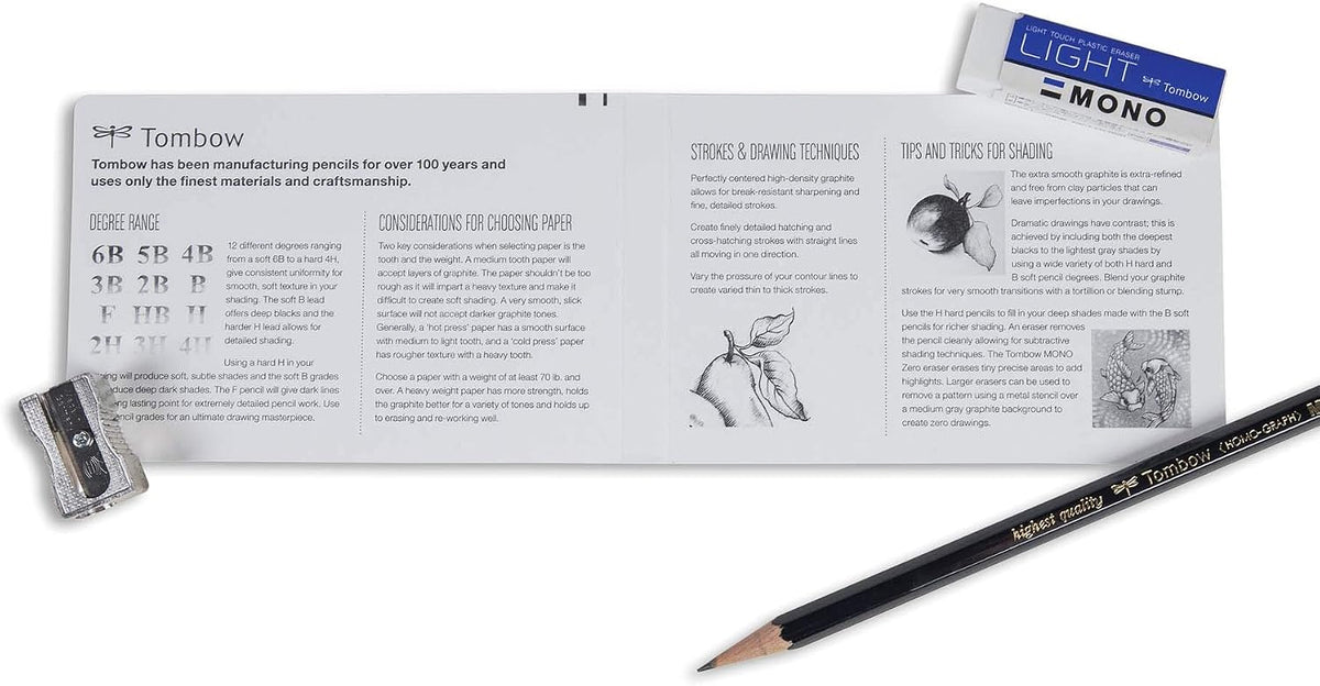 Tombow 51523 MONO Drawing Pencil Set, Assorted Degrees, 12-Pack. Professional Quality Graphite Pencil Set with Eraser and Sharpener