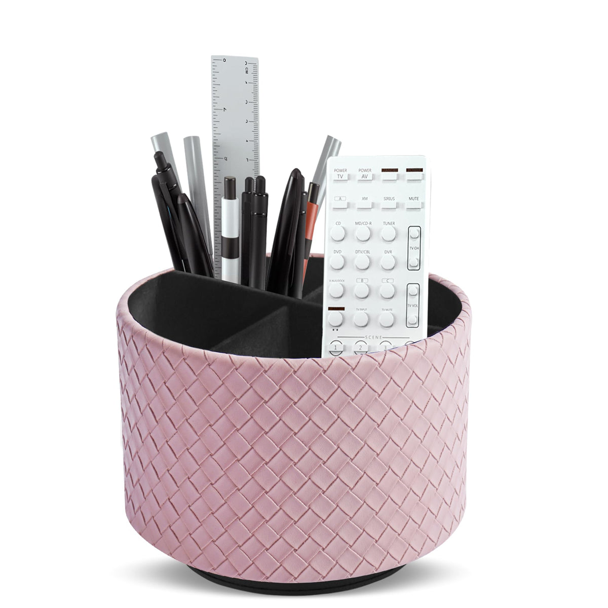 Round Leather Art Supply Organizer,Remote Control Holder,360 Degree Rotating,Multi-Functional Pencil Holder,4 Compartments Desktop Stationary Organizer(1-Fractal Flower)