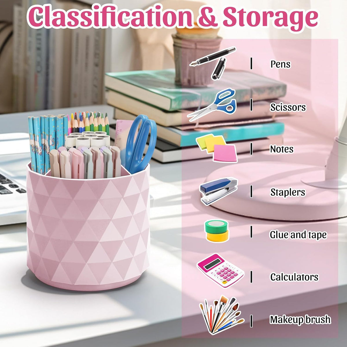 minimaliving Desk Organizer,Sparkling Diamond-like Pen Holder for Desk 360°Rotating Office Accessories,Pencil Cup with 5 Compartments Storage Box Caddy for Office,School,Home,Art Supply(Pink)