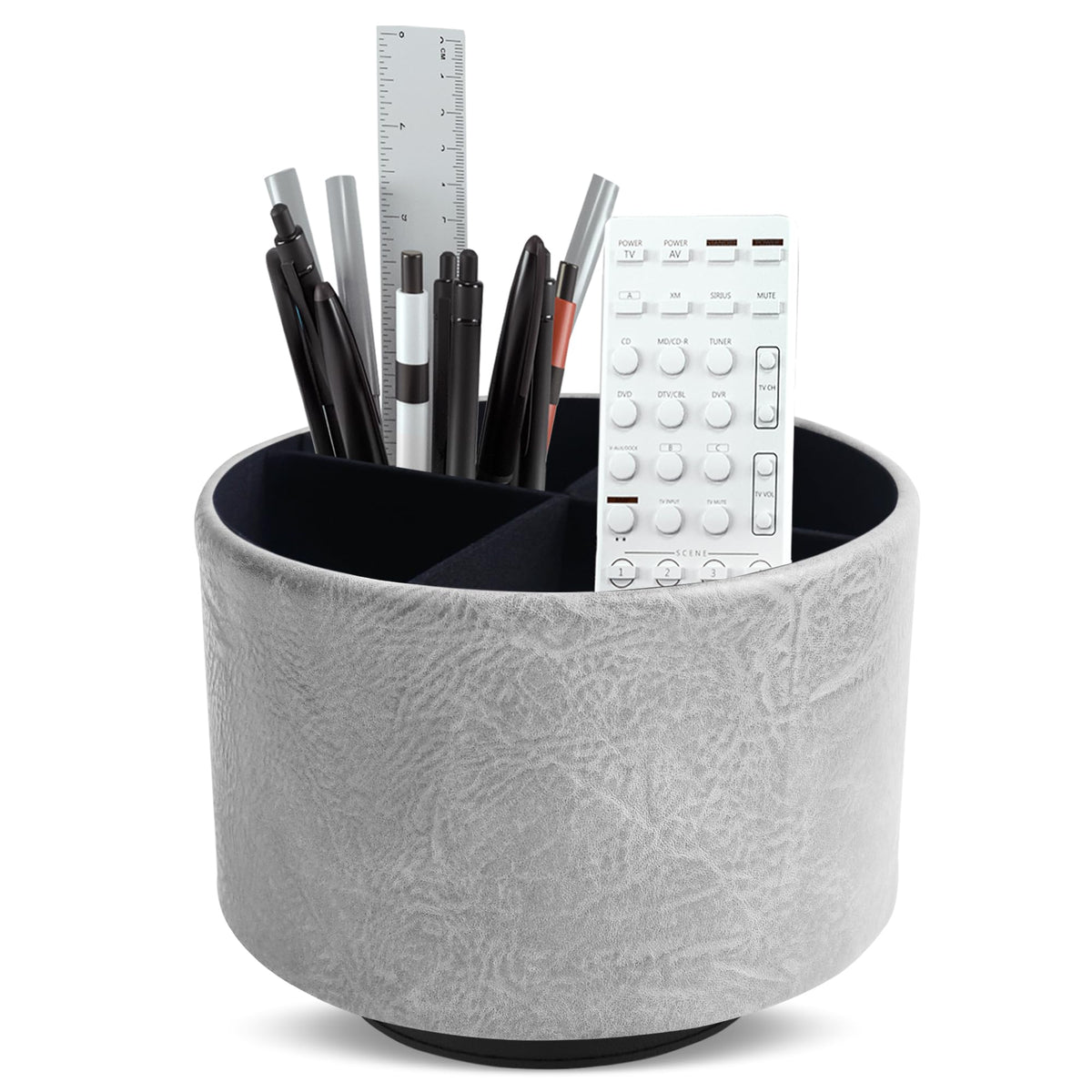Round Leather Art Supply Organizer,Remote Control Holder,360 Degree Rotating,Multi-Functional Pencil Holder,4 Compartments Desktop Stationary Organizer(1-Fractal Flower)