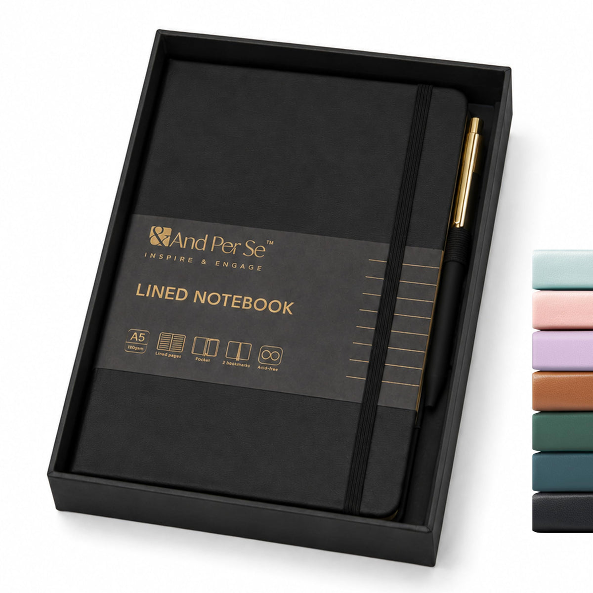&And Per Se Lined Journal and Pen Set, A5 Leather Hardcover Notebook with Pen & Stationary Set, 160 Pages 100GSM Thick Ruled Paper Journal for Business Work Writing (Dark Blue)