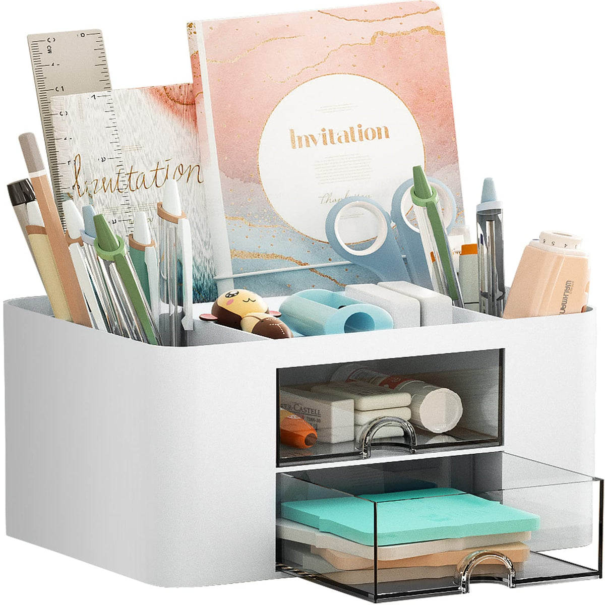 Marbrasse Pen Organizer with 2 Drawer, Multi-Functional Pencil Holder for Desk, Desk Organizers and Accessories with 5 Compartments + Drawer for Office Art Supplies (Black)