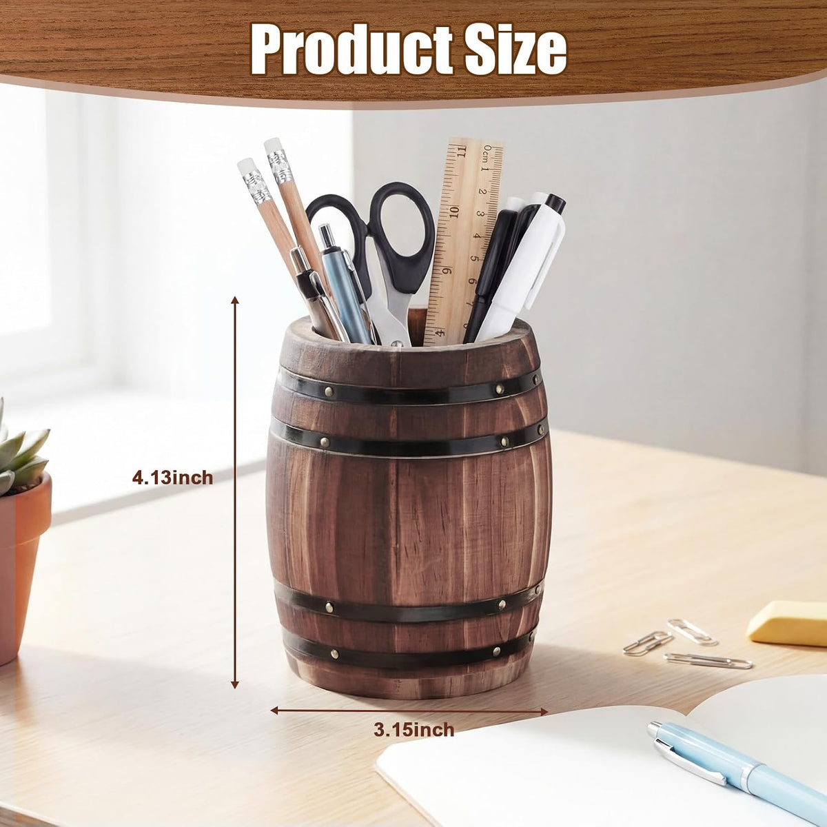 1 Pcs Wine Barrel Wooden Pen Holder, Rustic Office Decor