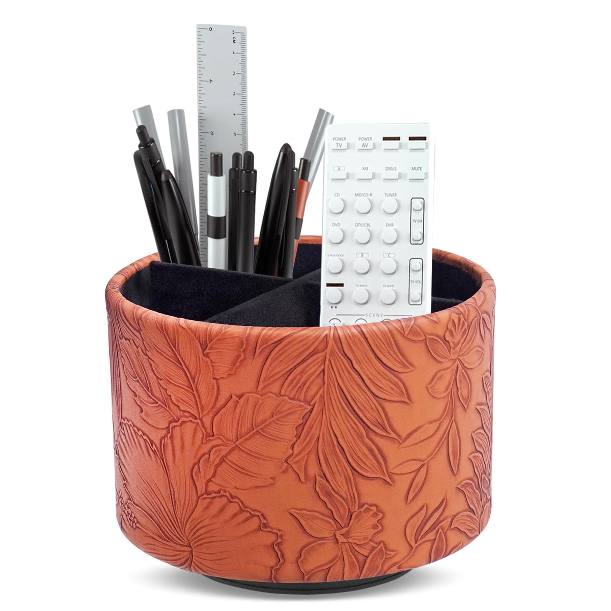 Round Leather Art Supply Organizer,Remote Control Holder,360 Degree Rotating,Multi-Functional Pencil Holder,4 Compartments Desktop Stationary Organizer(1-Fractal Flower)