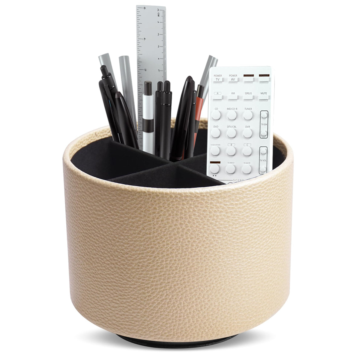 Round Leather Art Supply Organizer,Remote Control Holder,360 Degree Rotating,Multi-Functional Pencil Holder,4 Compartments Desktop Stationary Organizer(1-Fractal Flower)