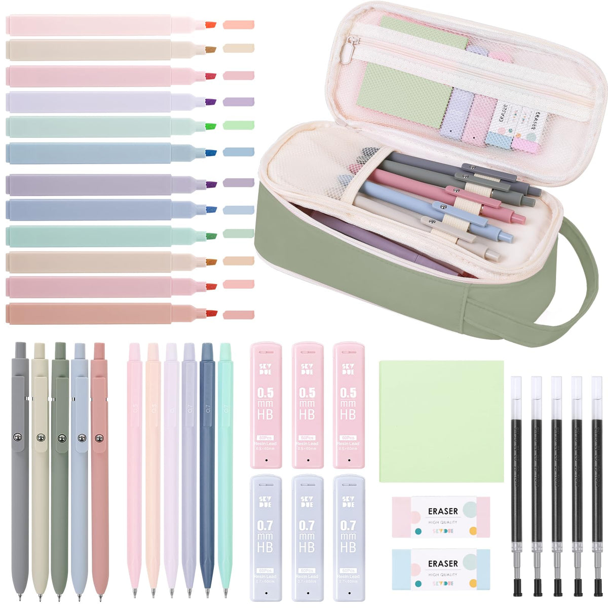 SKYDUE School Supplies Kit, 38 PCS Cute Stationery Set with Large Pencil Case, Pens, Mechanical Pencil Set, Highlighters & Refills, Aesthetic School Supplies for Girls, College, Back to School Pink