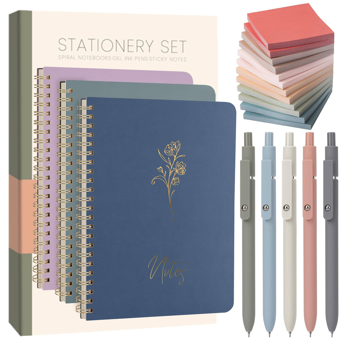 Cute Spiral Notebook Set For Women, Bible Journal Set, 3 Pack A5 Spiral Notebook + 5 PCS Gel Pens + 600 Sticky Notes + Gift Box, Aesthetic Gift Set for Work Students School Office Supplies