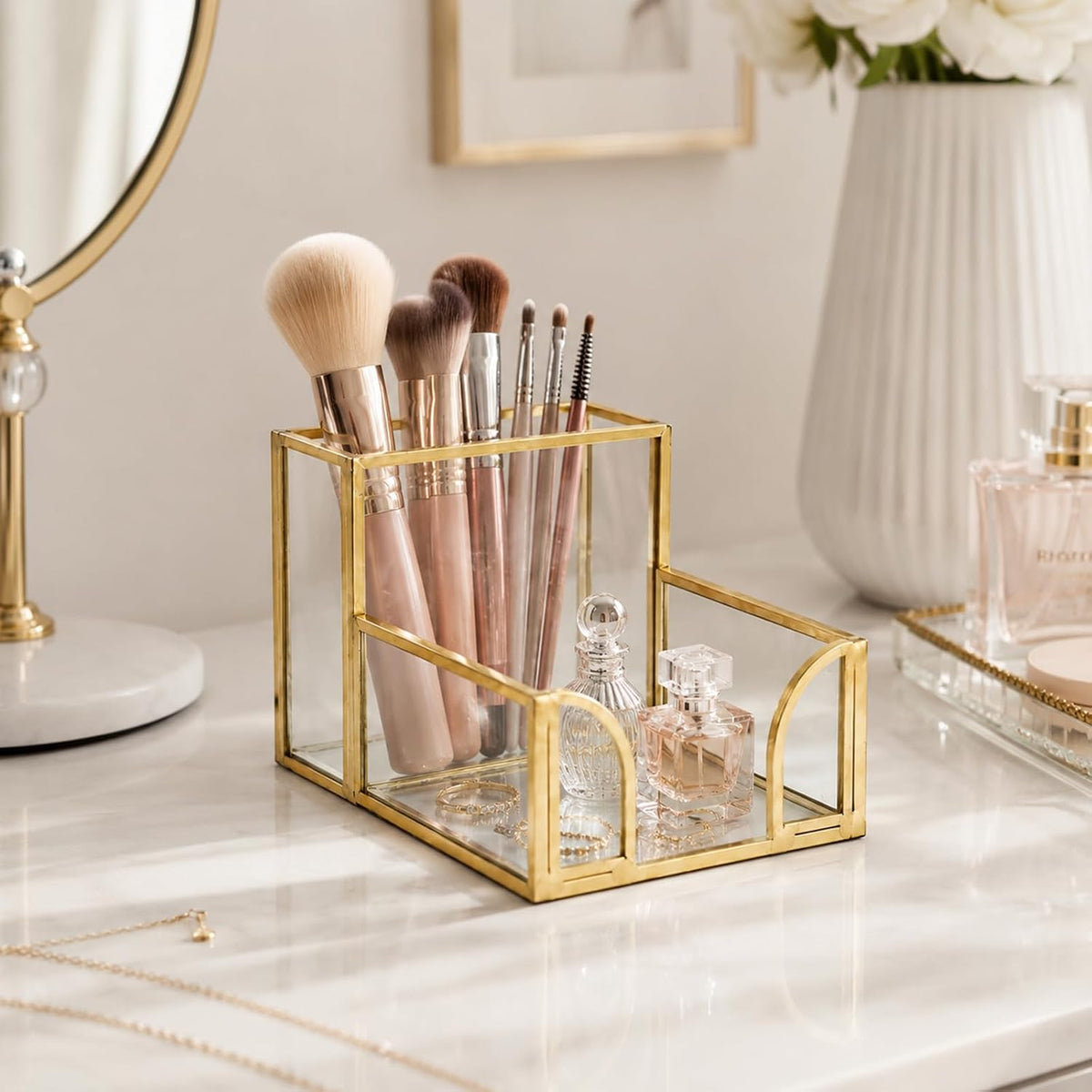 Feyarl Gold Glass Note Holder with Pen Pencil Cup 3x3 Inch Sticky Notes Desk Organizer Markers Pen Storage Desktop Accessory for Office Home Classroom