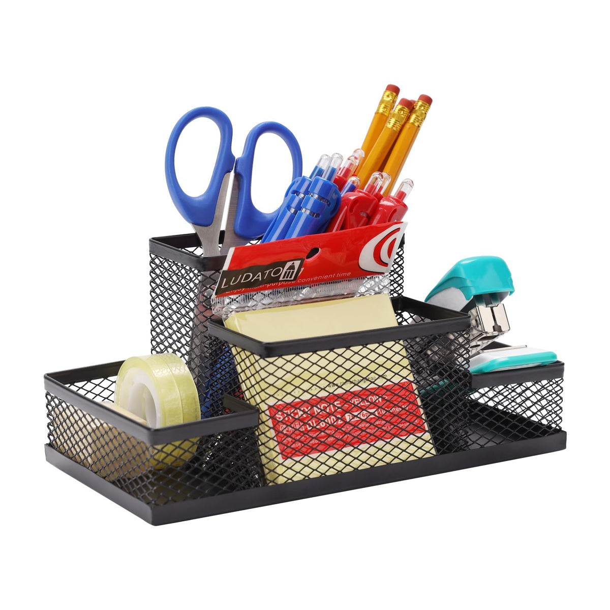 Ludato 2 Pieces Mesh Pen Holder Desk Organizers and Accessories for Desk，3 Compartments Black Pencil Holder for Office Supplies， Gifts for Colleague