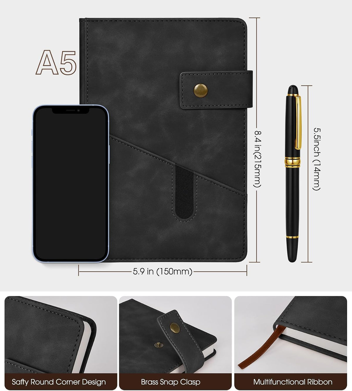 A5 Lined Notebook 5.9"x8.4", Leather Journal with Pen & Gift Box, 200 Pages