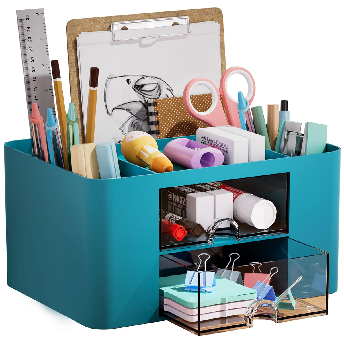 Marbrasse Pen Organizer with 2 Drawer, Multi-Functional Pencil Holder for Desk, Desk Organizers and Accessories with 5 Compartments + Drawer for Office Art Supplies (Black)