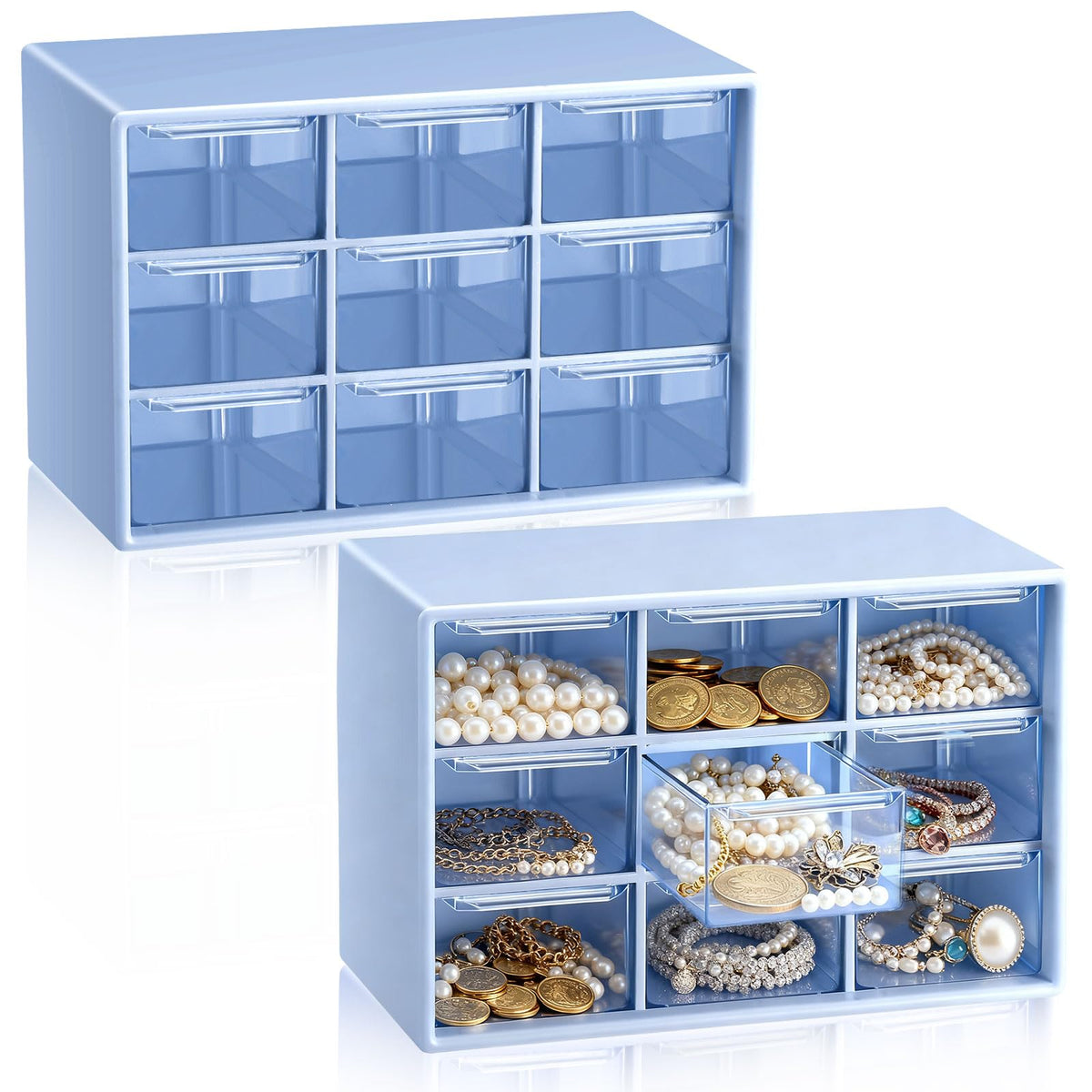 Wenqik 2 Pcs Mini Storage Drawers with 9 Clear Drawers, Green