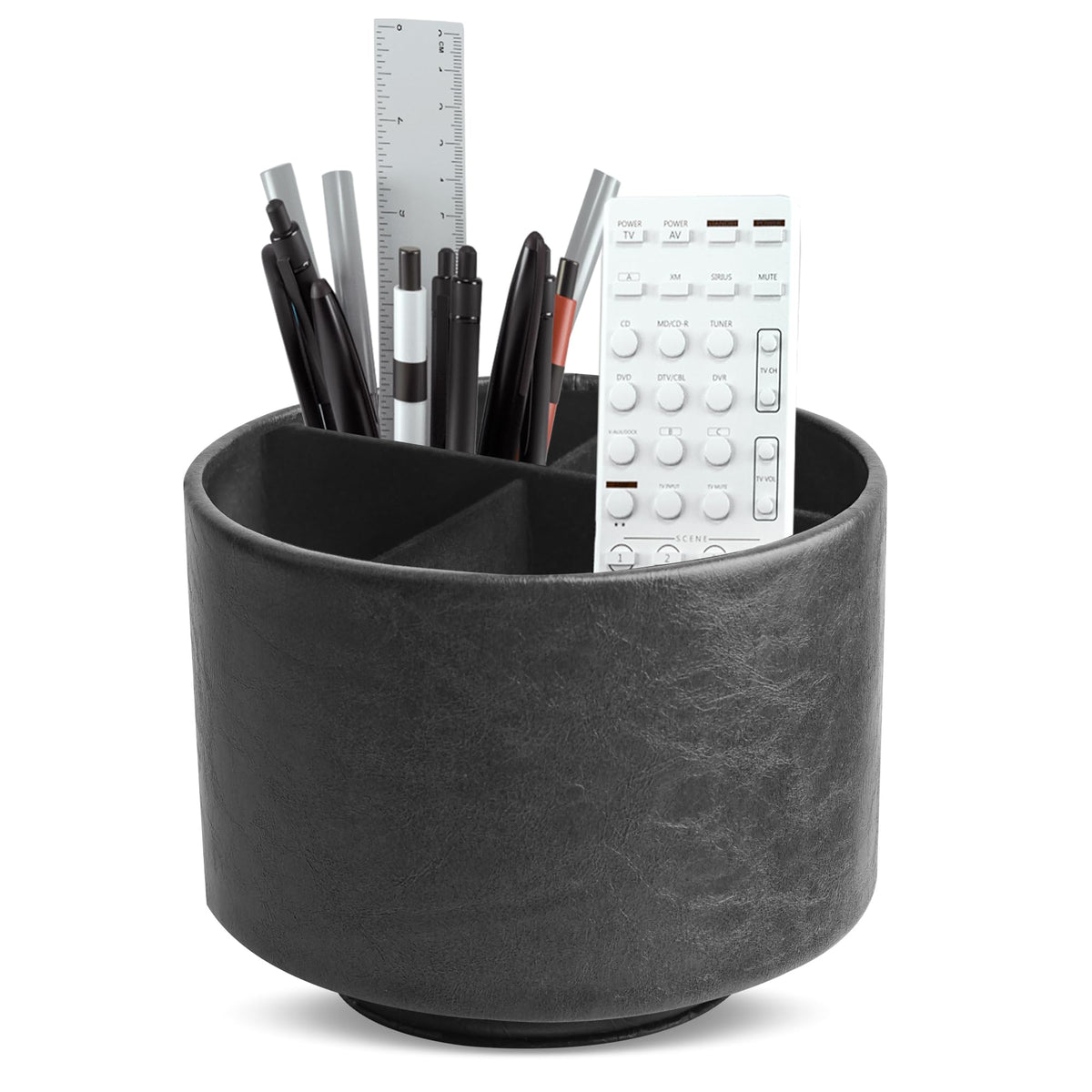 Round Leather Art Supply Organizer,Remote Control Holder,360 Degree Rotating,Multi-Functional Pencil Holder,4 Compartments Desktop Stationary Organizer(1-Fractal Flower)