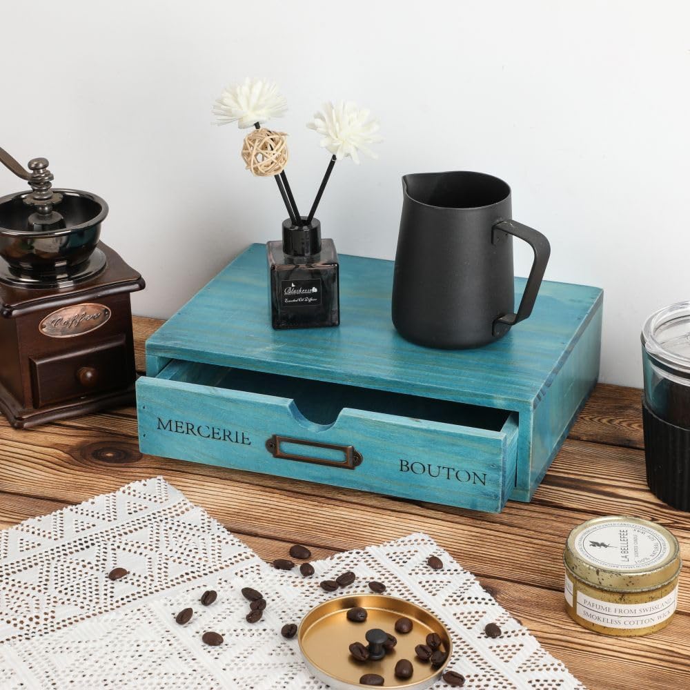 Wooden Drawers Blue Wood Desktop Organizer with Drawers