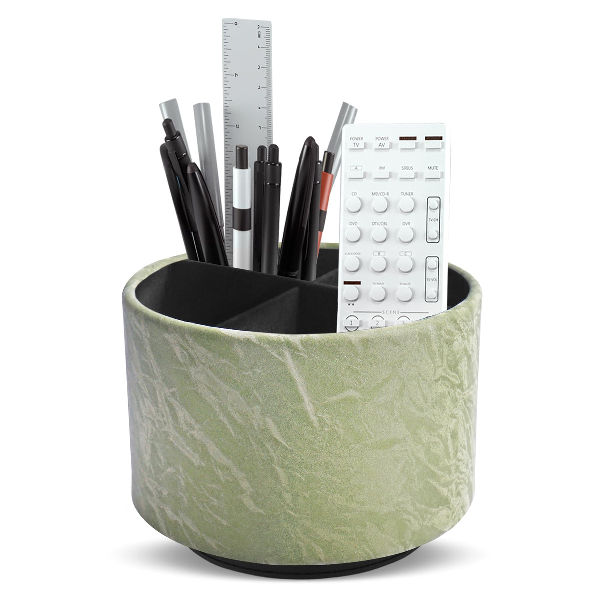 Round Leather Art Supply Organizer,Remote Control Holder,360 Degree Rotating,Multi-Functional Pencil Holder,4 Compartments Desktop Stationary Organizer(1-Fractal Flower)