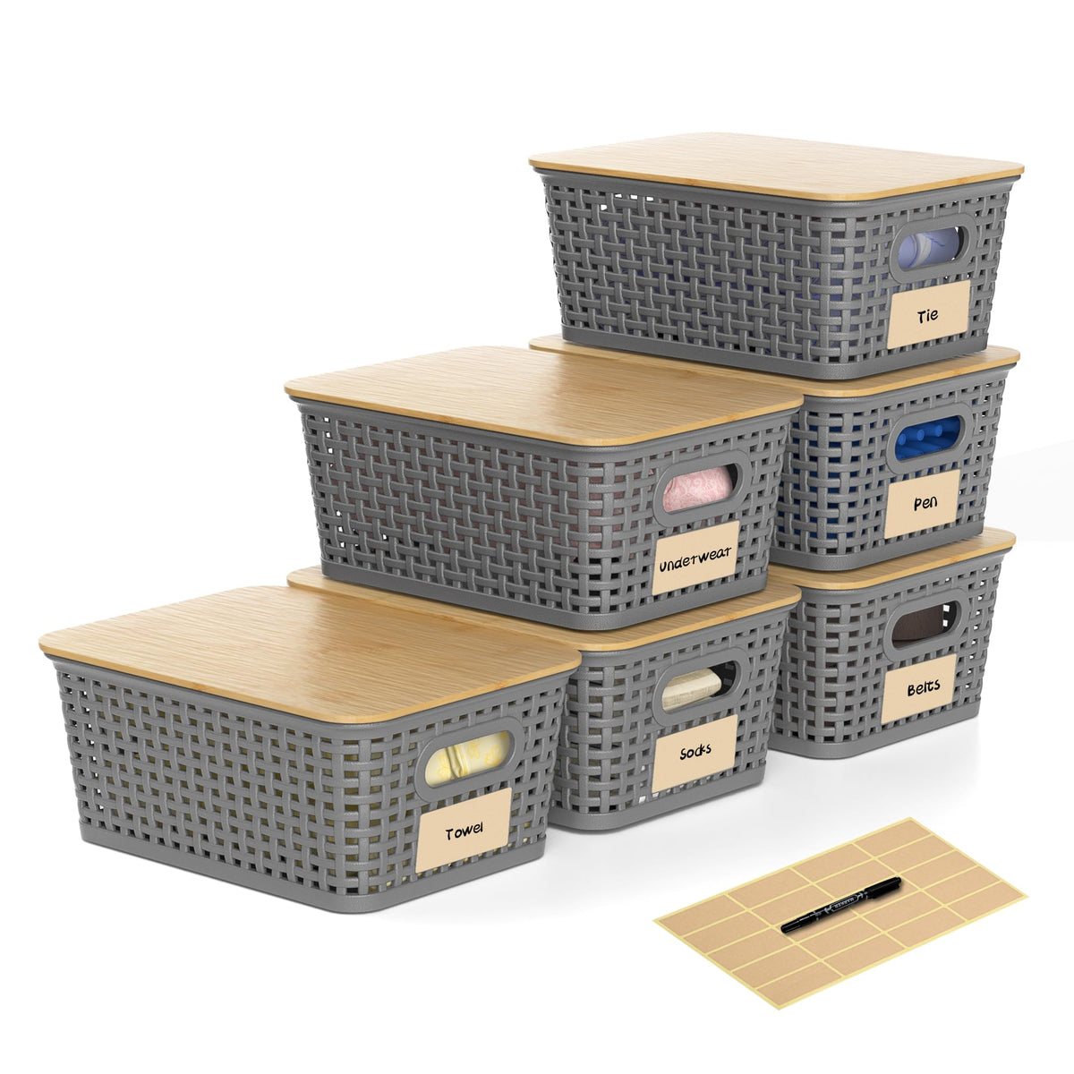 6 Pack Plastic Storage Baskets,Brown bamboo lid storage Box