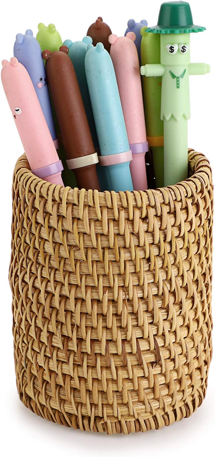 BTSKY Rattan Pen Cup, Handmade Desk Pencil Holders Makeup Brush Holder Multi-Functional Woven Basket Office&Home Desktop Organizer(Cylinder)