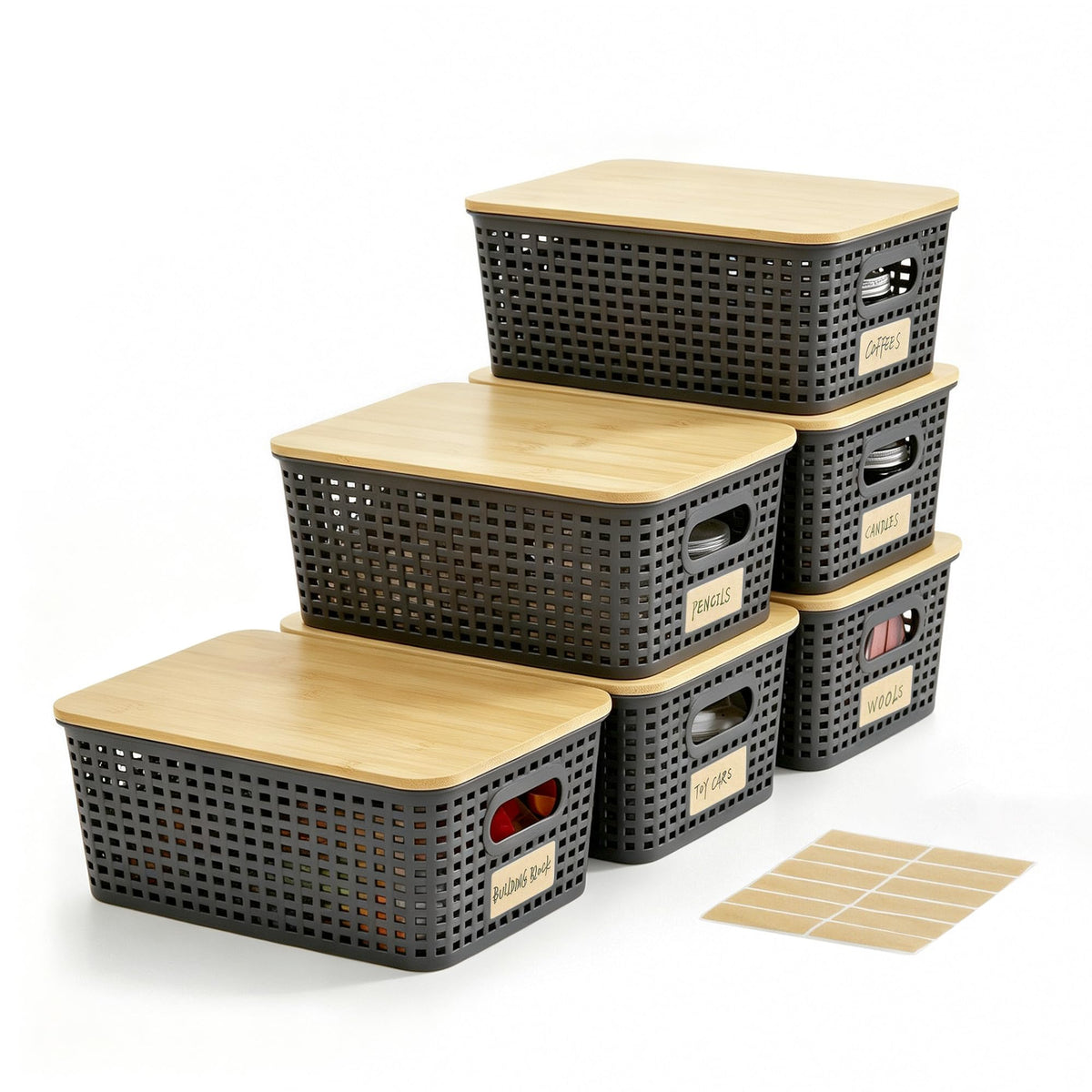 Bagnizer Small Plastic Storage Bins with Bamboo Lids 5.2qt Stackable Box Basket Pantry Decorative Containers Cute with Lable for Organizing Desktop Closet Office Black of 6 packs 10 * 7.2 * 4.1"