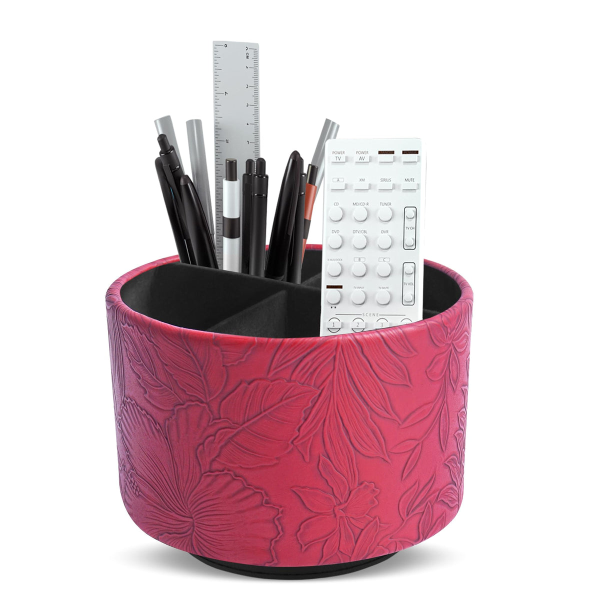 Round Leather Art Supply Organizer,Remote Control Holder,360 Degree Rotating,Multi-Functional Pencil Holder,4 Compartments Desktop Stationary Organizer(1-Fractal Flower)