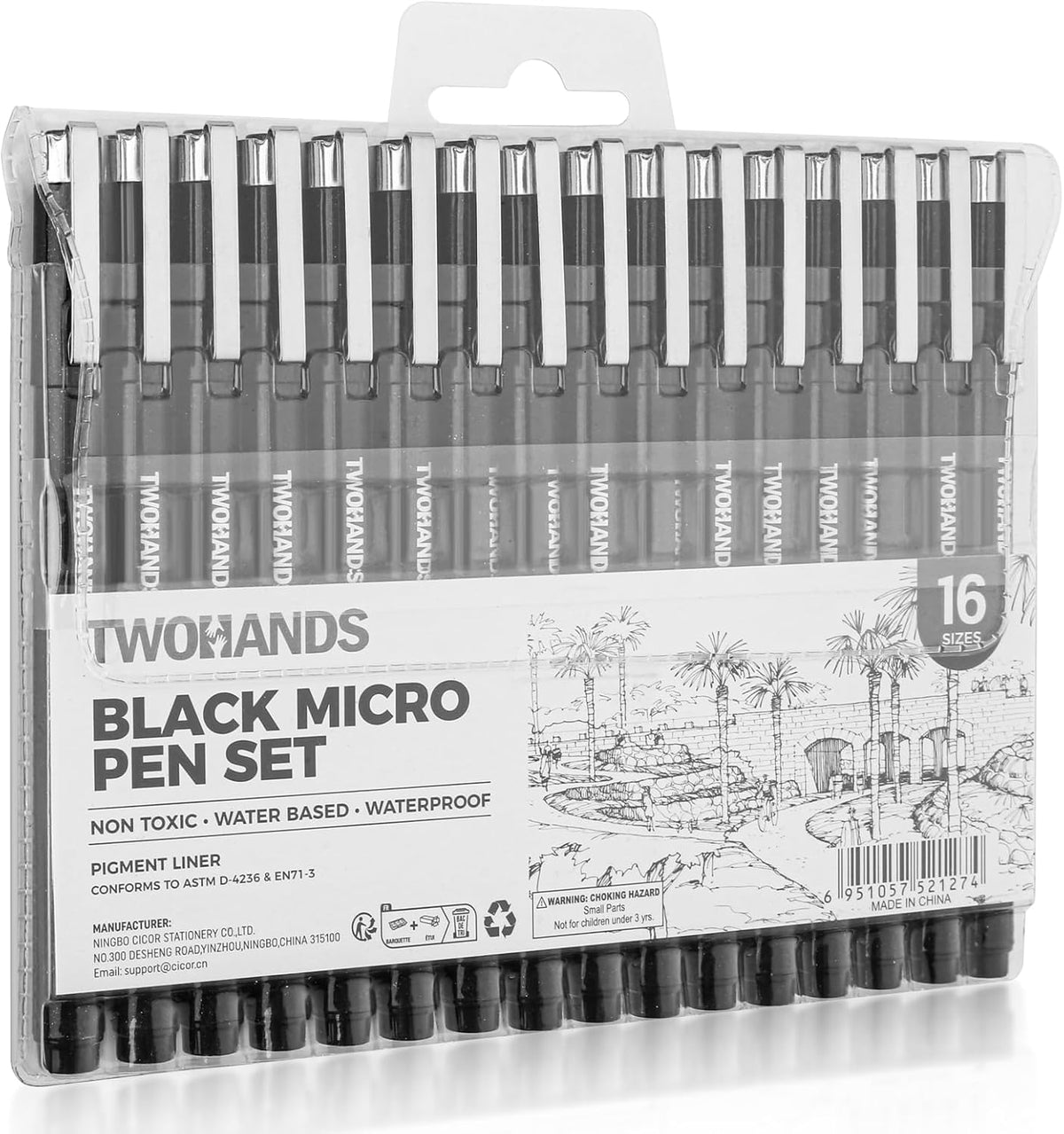 TWOHANDS Art Pen Drawing Marker Pens Fineliners, Set of 16, Black