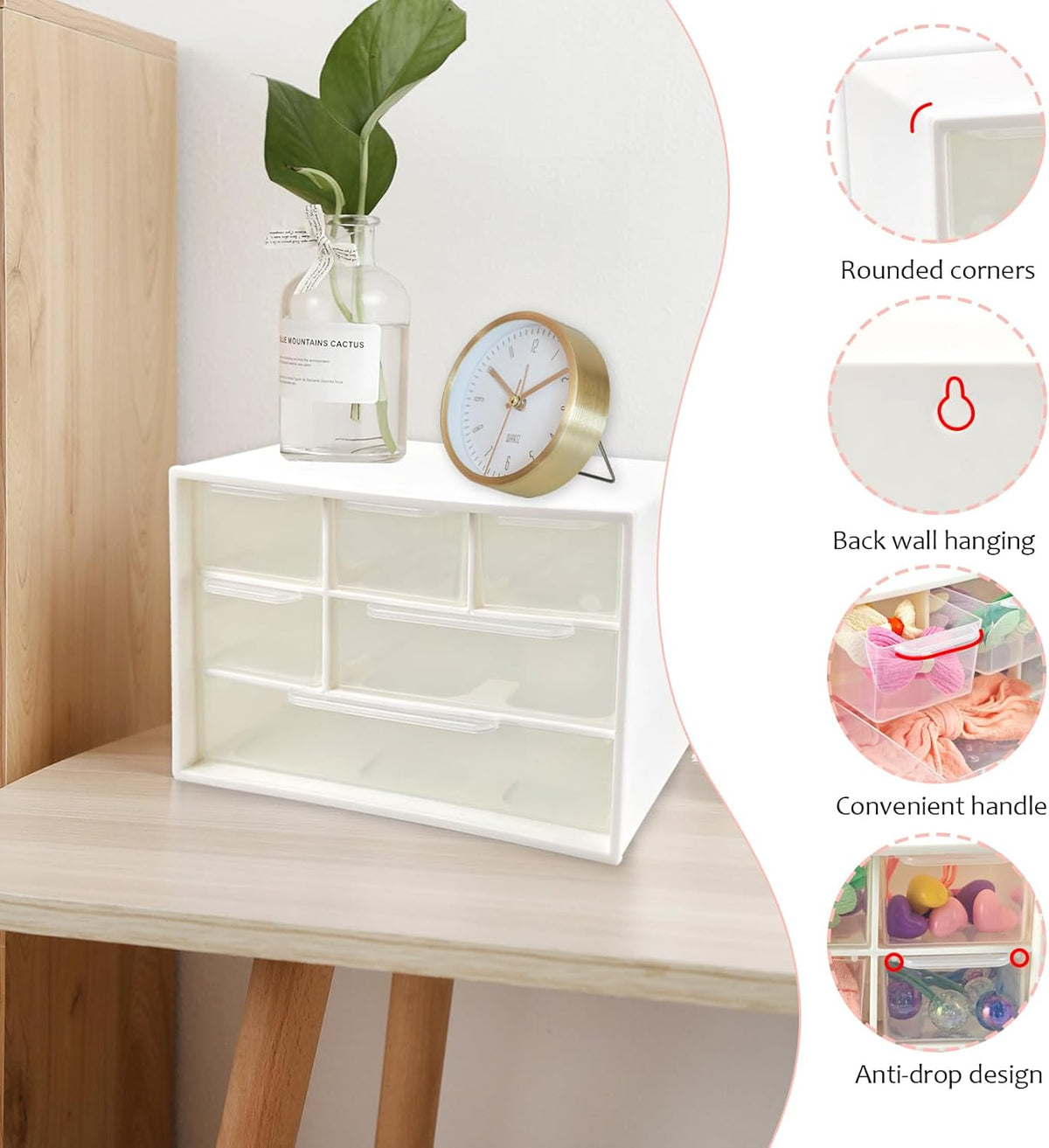 Small Mini Desk Drawer Organizer, 6 Clear Drawers, 7" x 3.9" x 4.7", White