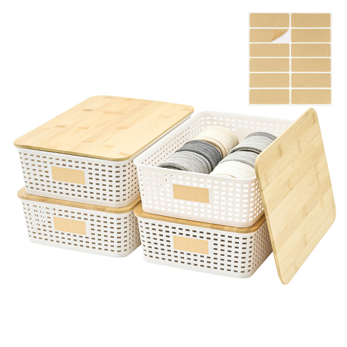 Bagnizer Small Plastic Storage Bins with Bamboo Lids 5.2qt Stackable Box Basket Pantry Decorative Containers Cute with Lable for Organizing Desktop Closet Office Black of 6 packs 10 * 7.2 * 4.1"