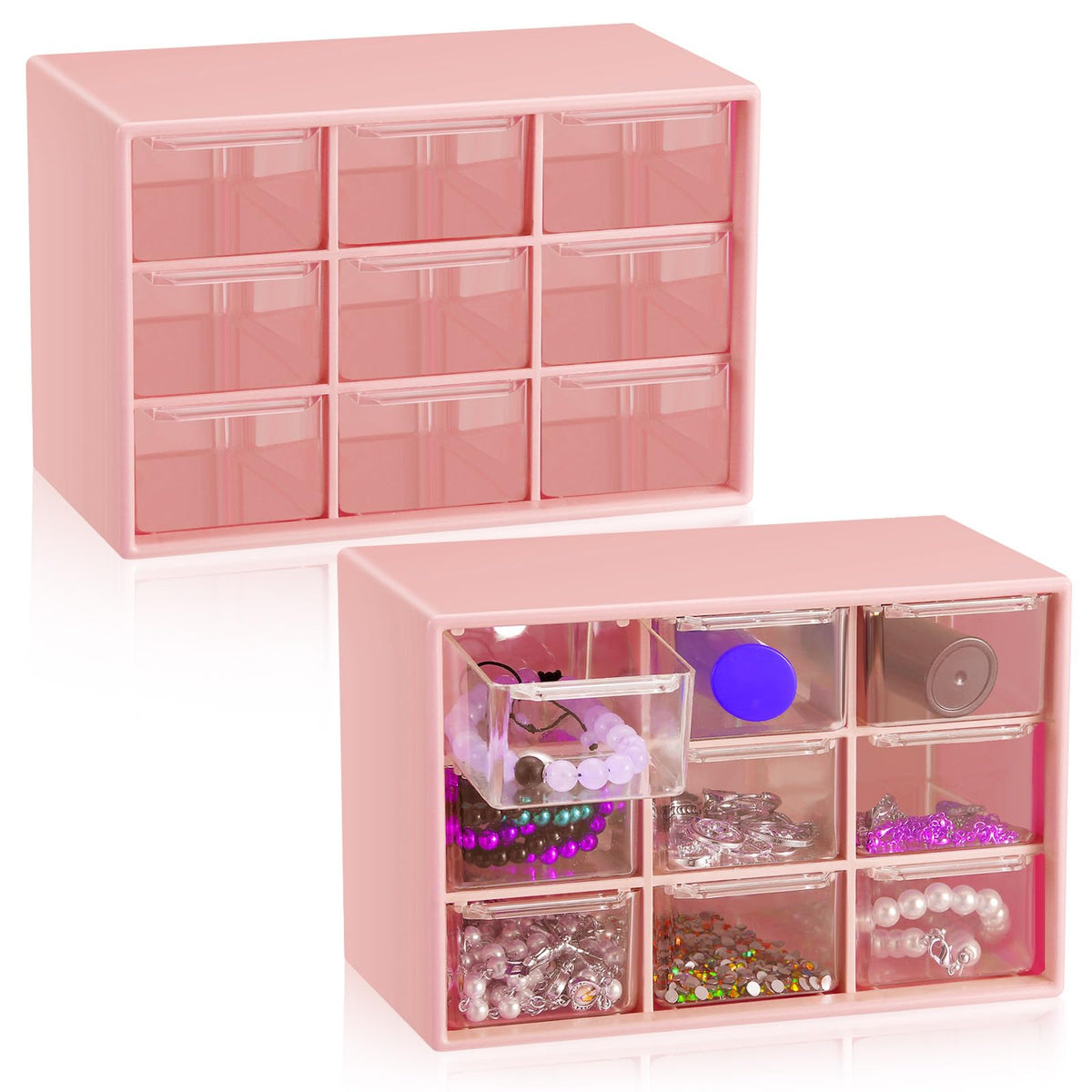 Wenqik 2 Pcs Mini Storage Drawers with 9 Clear Drawers, Green