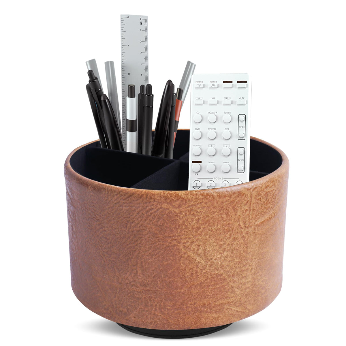 Round Leather Art Supply Organizer,Remote Control Holder,360 Degree Rotating,Multi-Functional Pencil Holder,4 Compartments Desktop Stationary Organizer(1-Fractal Flower)