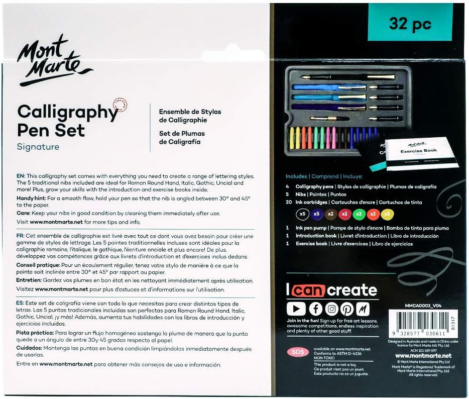 Mont Marte Calligraphy Set, 32 Piece. Includes Calligraphy Pens, Calligraphy Nibs, Ink Cartridges, Introduction Booklet and Exercise Booklet, Packaging May Vary